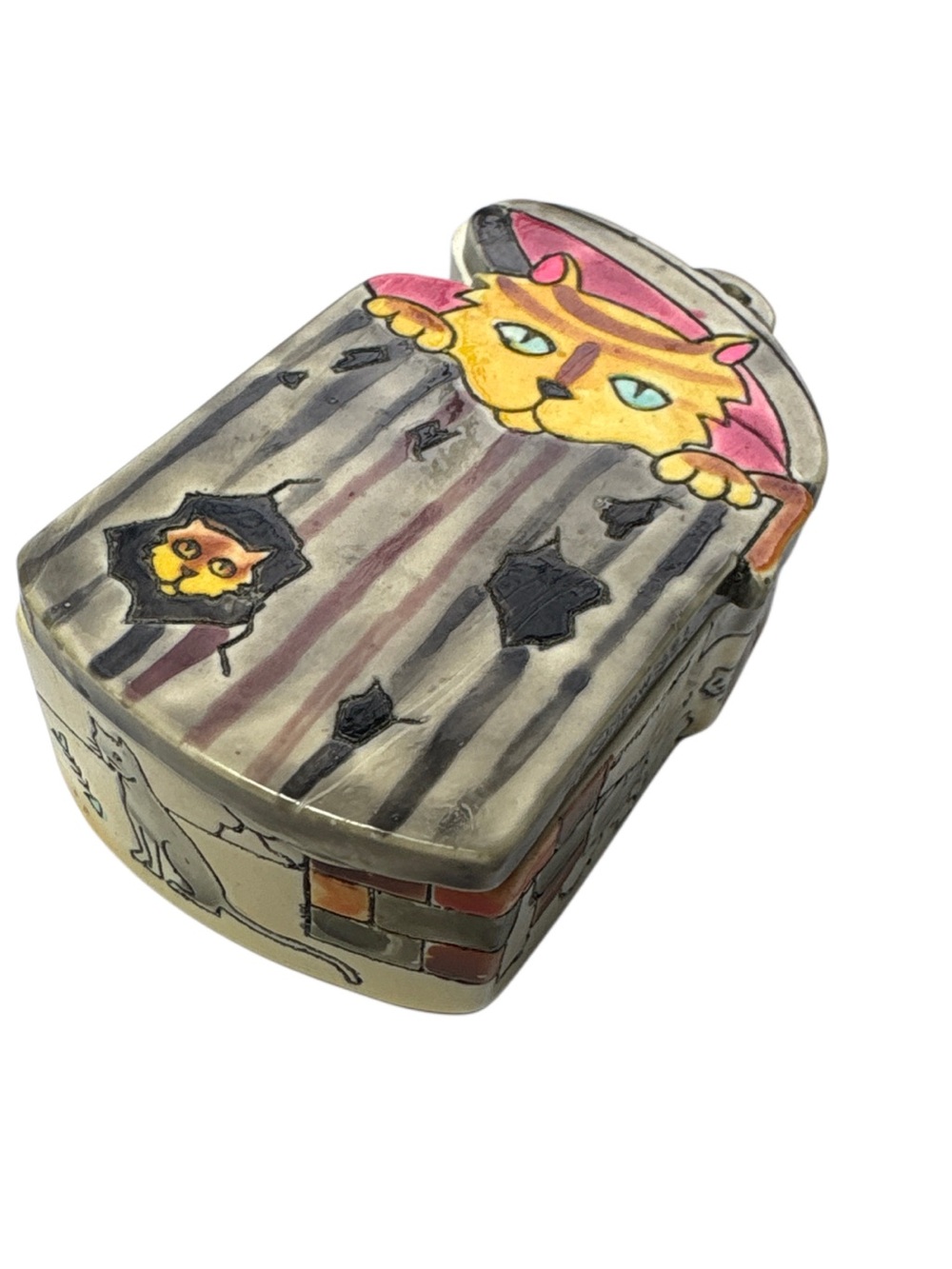 Vintage 1983 World Meow Cat In Trash Can Small Trinket Box